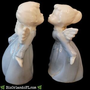 VINTAGE: Enesco Blue & White Kissing Boy & Girl Porcelain Angels (Made in Japan)